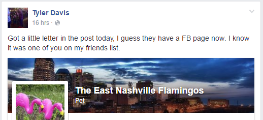 tyler davis facebook post letter in the mail pink flamingos